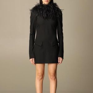 NWT THE ATTICO BLACK MINI DRESS IN STRETCH GABARDINE FEATHERED COLLAR WOMENS 12